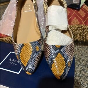 Jessica Yellow and Brown Flats with Snakeskin Pattern
